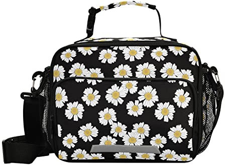 Fiambrera para niños con aislamiento para la escuela, patrón floral, manzanilla, margaritas, flores, chicas, lonchera con correa para el hombro, color blanco y negro