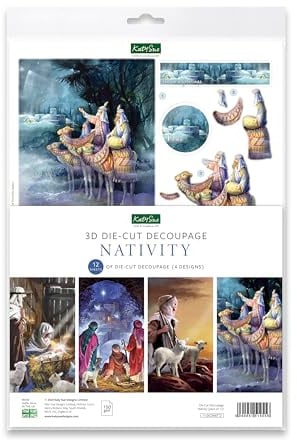 Katy Sue Krippen-Decoupage-Packung 12 vorgeschnittene Decoupage-Papierbögen für Weihnachtskarten mit Bildern der 3 Weisen Männer, Stall, Hirten, Krippe und das Jesuskind