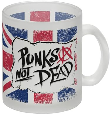 Punks not Dead Union Jack Glas Tasse im Graffiti Look mit Anarchie-Zeichen für echte Punker und Rebellen britisch Rock Musik Alternativ UK Glas Tasse Für jeden Punk unter deinen
