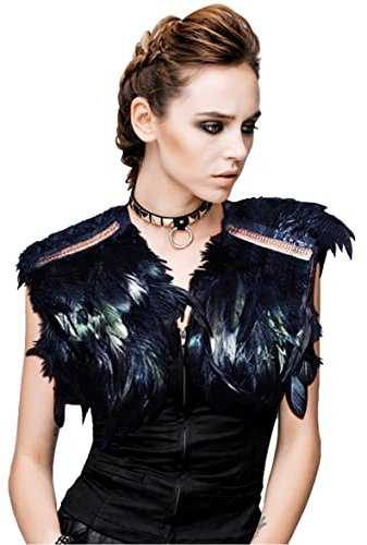 keland Damen Gothic Punk Feder Umhang Stola Capelet Schultertuch Epauletten Schulterschmuck Schulterklappen Halloween Cosplay Kostüm (Schwarz-001)