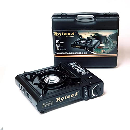 Camping Gaskocher inkl. Tragkoffer Roland/mobiler Campingkocher Gasherd/Outdoor-Gaskocher Roland/Perfekt für Notfälle Stromausfall Outdoor Kochen Festivals/mit Piezozündung + BMB Sticker