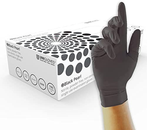 Unigloves Black Blue Pink Pearl Nitrile GP0034 GP0014 GP0054 Examination - Multipurpose, Powder Free and Latex Free Disposable Gloves, Box of 200 Gloves, Black, Blue, Pink, Large (Black)