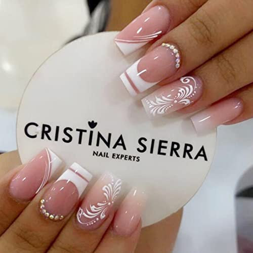 24 PCS Coffin Long Press on Nails White Glossy Fake Nails Rhinestone Fake Nails Flower Design Fake Nails Ballerina Fake Nails Full Cover Fake Nails for Women and Girls Nail Art Decoration