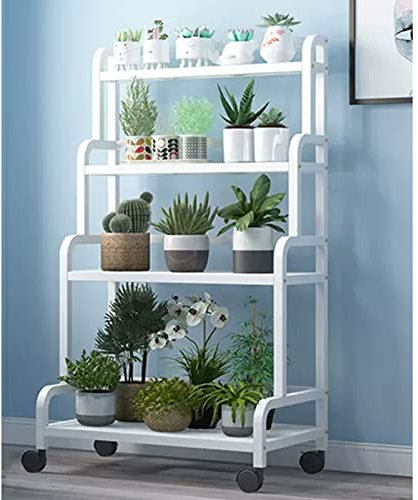 Weißes Metall Pflanzenständer Pflanzenregal 4 Ebenen Rollendes Blumenregal, stabil für Innen und Außen, mehrschichtiges Eck-Stehregal für Balkon Garten Terrasse, Büro, Ausstellungsregale Blumentreppen