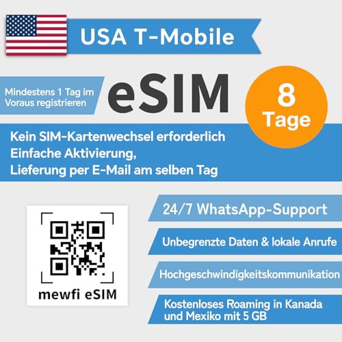 USA eSIM (USA, Mexiko, Kanada universal), unbegrenzte Internet-Daten, T-Mobile SIM, unbegrenzte Geschwindigkeit US Prepaid-Karte, unbegrenzte Ortsgespräche und lokale Texte. (8 Tage)
