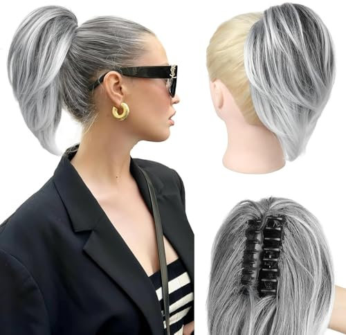 PORSMEER Pferdeschwanz Extensions mit Klammer Kurz Gerades Haargummi Clip in Haarteil Ponytail Natürliches Kunsthaar Haar Haarverlängerunge Messy Bun silbergrau/schwarz für Damen Mädchen