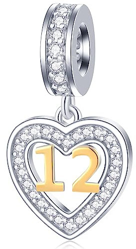 12 anni Charms di Compleanno Fit Pandora Braccialetto in Oro Rosa, Oro 18K Numero 12 Ciondoli, 925 Argento Sterling 12th Anniversario Matrimonio Ciondolo Perline con CZ, Regali per Amici/Studente