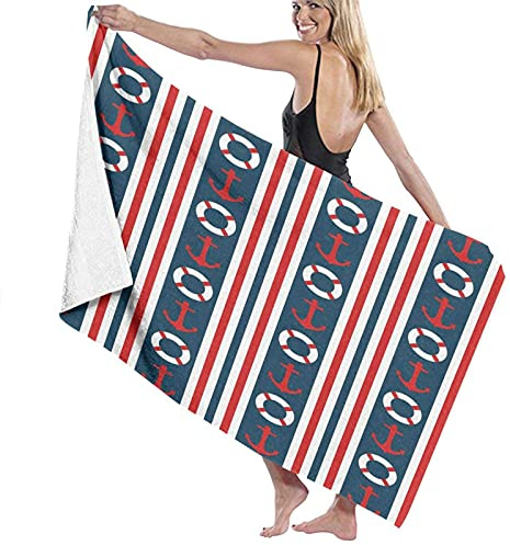 GQWJKSZ Große weiche Badetuchdecke, vertikale Bordüren, Streifen, maritimes Thema, Lenkrad und Anker, Badelaken, Strandtuch für Familien, Hotelreisen, Schwimmen, Sport, 132 x 81 cm