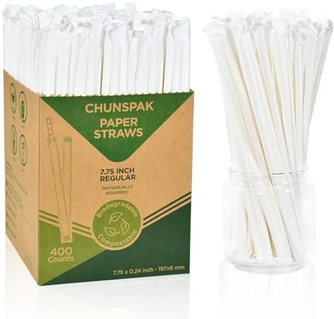 Lot de 400 pailles en papier, jetables, blanches, emballées individuellement, 19,7 x 0,6 cm, 100 % biodégradables