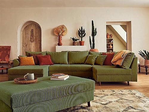 Lisa Design Rune – Wohnlandschaft rechts – 7-Sitzer – mit hocker – aus Cord Grün