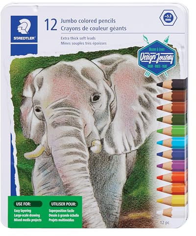 STAEDTLER Jumbo Colored Pencil, 5.3mm Line Width, Pack of 12 Assorted Pencils, Metal Tin, 1290 M12
