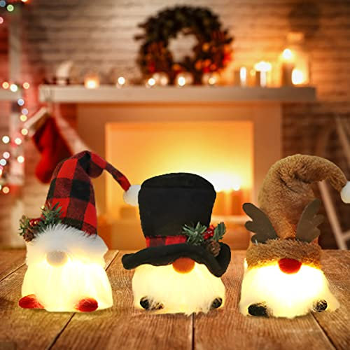 Weihnachten Deko Wichtel Figuren mit LED Licht Wichtel Zwerg Figur,3 Stück Santa Schneemann Elch Weihnachtszwerg Plüsch Beleuchtete Wichtel,Handgemachte Plüsch Puppen für Weihnachten Zuhause Deko (03)