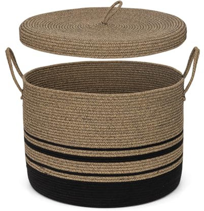ORGMASTER Panier à linge avec couvercle, panier à linge en corde de coton tissé, panier de rangement pliable pour couvertures, coussins, vêtements, oreillers, 52 x 52 x 38 cm, marron foncé/noir