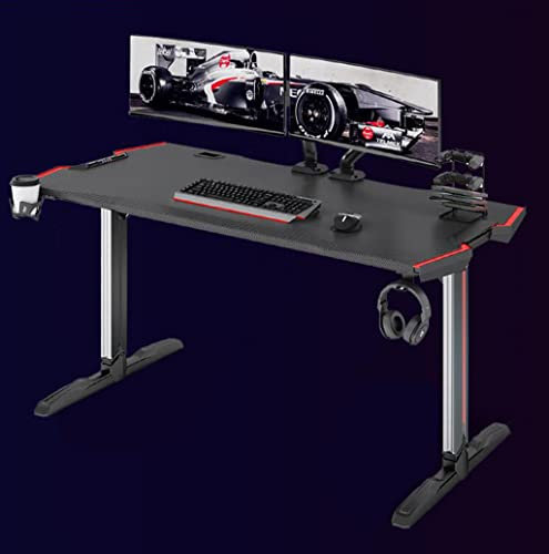 Isuzi Bester Gaming-Schreibtisch mit LED-Leuchten, Gaming-PC-Schreibtisch, große Gaming-Schreibtische, PC-Laptop-Gamer-Tisch-Workstation mit Getränkehalter, Kopfhörerhaken, schwarz (Schwarz)