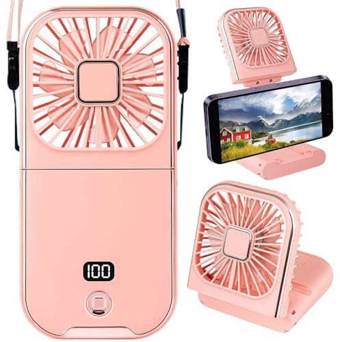 Zouwel Hand Fan Rechargeable, Mini Portable Personal Hand Held Fans, USB Rechargeable Power Bank Fan, 180° Foldable Desk Fan with 4 Speeds & Digital Display Cool Neck Fan for Outdoor Indoor (pink)