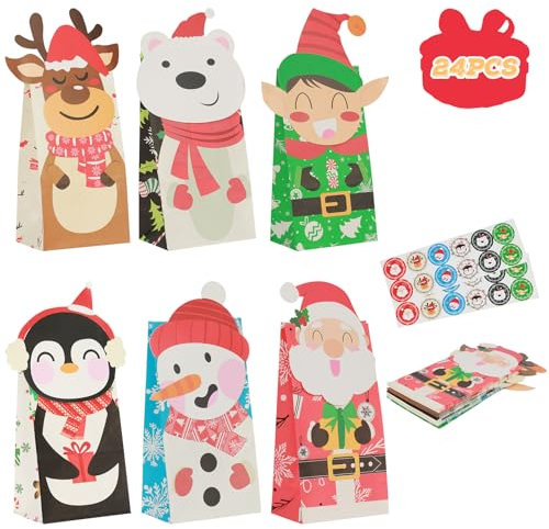 EDWINENE Weihnachtspapiertüten, 24 Stück Weihnachtsgeschenktüten mit 24 Aufklebern, Weihnachts-Goodie-Treat-Süßigkeitenparty-Tüte für Weihnachtsparty-Gefälligkeiten