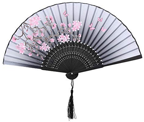Nurnesy Hand Fan, Foldable Hand Fan, Japanese Chinese Fan with Tassel Wedding, Dance Party, Summer (Grey)