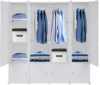 Bonnlo Kleiderschrank aus Kunststoff, DIY Regalsystem, Tragbarer Garderobenschrank, Regal mit Türen, Steckregal 16 Würfel, mit 3 Kleiderstange, Weiß, 142x47x142cm