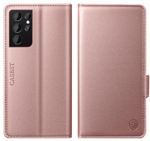 CASBST Étui portefeuille à rabat en cuir avec béquille et emplacements pour cartes, résistant aux chocs, fermeture magnétique, compatible avec Samsung S21 Ultra - Rose