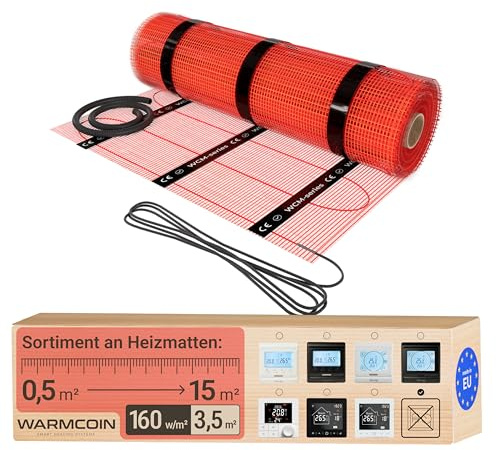 WARMCOIN® Heizmatte 160 W/m² (0.5m x 7m= 3,5m²) selbstklebend für Fliesen | Größe wählbar 0,5-15m² – Bodenheizung Elektrisch geeignet für Laminat, Fliesen & mehr - Elektro Fussbodenheizung