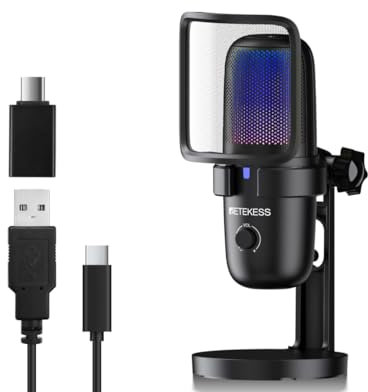 Retekess TG201 Microfono Gaming, Microfono pc, Indicador RGB - Cerrable, Plug and Play, 2 Modos de Captación, Mute, Microfono USB, Compatible con Teléfonos móviles, PC, Mac