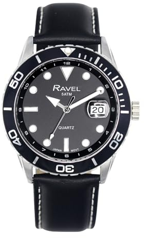 Ravel Plus - Runde 42-mm-5ATM-Kalenderuhr für Herren mit drehbarer Lünette und Saphirglasbeschichtung - Japanischer Analogquarz - RPD009M - Schwarz/Schwarze Lünette