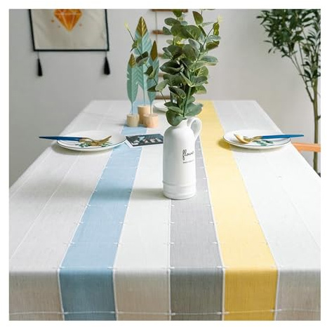 Nappe 110 x 110 cm en polyester - Motif carreaux - Bleu blanc gris jaune - Lavable - Carré