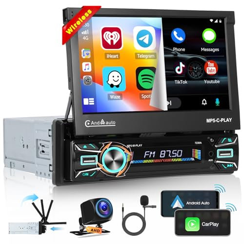 Hikity 1 Din 2+64GB Android 15 Autoradio mit 7 Zoll Flip Out Auto Touchscreen CarPlay Android Auto Wireless Bluetooth Mirror Link Auto Radio mit Navi Rückfahrkamera WiFi FM RDS SWC EQ