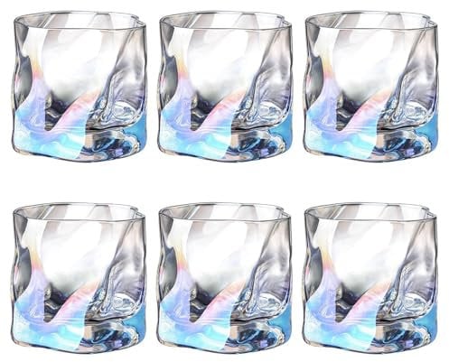 LOITTAINUE Set di 6 bicchieri da whisky in cristallo irregolare da 200 ml – bicchieri da caffè ghiacciato – bicchieri da cocktail – bicchieri da tè e caffè – lavabile in lavastoviglie (colorati)