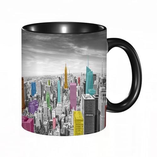 HRRASFAZF Tasse Kaffeetassen,Große 330ml Mit Henkel 100% Handbemalt kaffeebecher porzellan,Stadtbild von NYC New York City Skyline Panoramabild, Blaugrün und Dunkelgrau,Frauen,Jahrestag,Muttertag
