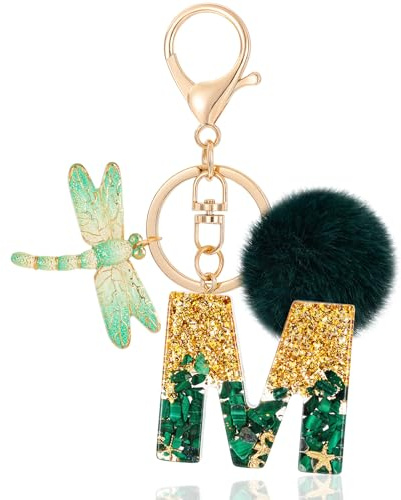 MWOOT Letter Keychain Initiale Buchstaben-Schlüsselanhänger,Alphabet Harz Key Chain mit Libelle Plüsch Anhänger Handtasche Geldbörse Charm,Grün Keyring für Frauen