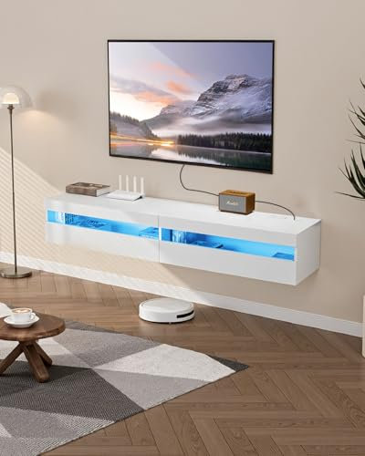 VEVOR Floating TV Stand, 71 in Wall Mount Entertainment Center with Power Outlet & LED Lights, Modern Floating TV Shelf with 2 Drawers & Storage Cabinet for DVD Player, Cable Box, Game Console, White