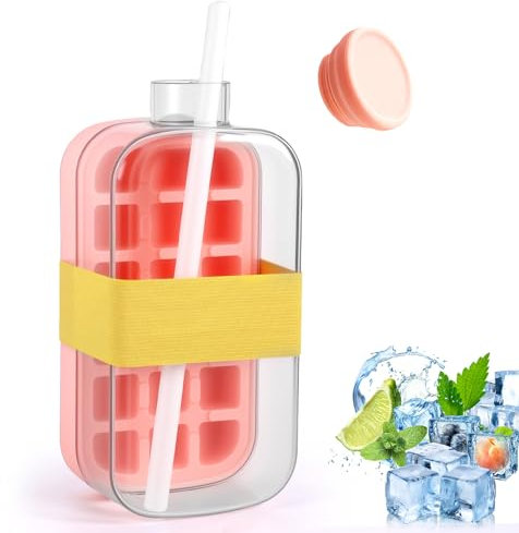 Miawtro Ice Cube Bottle,2 in 1 Eiswürfelflasche mit Strohhalm,Ice Cube Tray Mit Verschließbarem Deckel,Einfaches Entformen Der Eiswürfel,Eiswürfelform für Eiswürfel und Eisgetränke (Rosa)