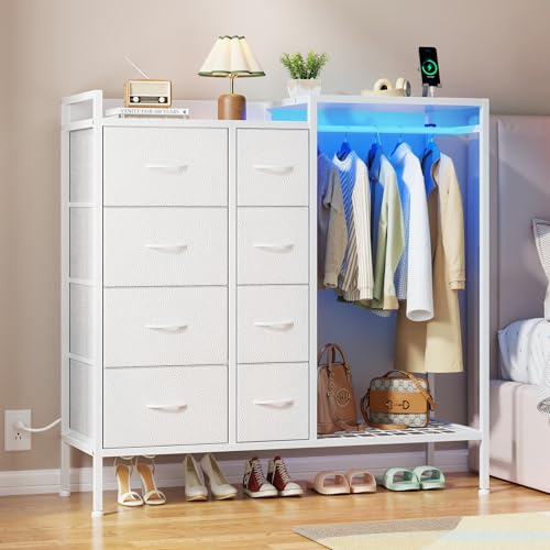 HIGDBFE Dresser with Hanging Rack, 8-Drawer Dresser for Bedroom with Charging Station & LED Lights, Fabric Dressers with Shoe Rack, Chest of Drawers with Wooden Top for Bedroom, White, 11.8 D