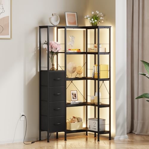 OYRREU 5 Ebenen Eckregal Stehend mit LED-Beleuchtung und 4 Schubladen, Regal, Bücherregal, küchenregal, Regale, Eckschrank, für Wohnzimmer Schlafzimmer Büro Küche, Schwarz