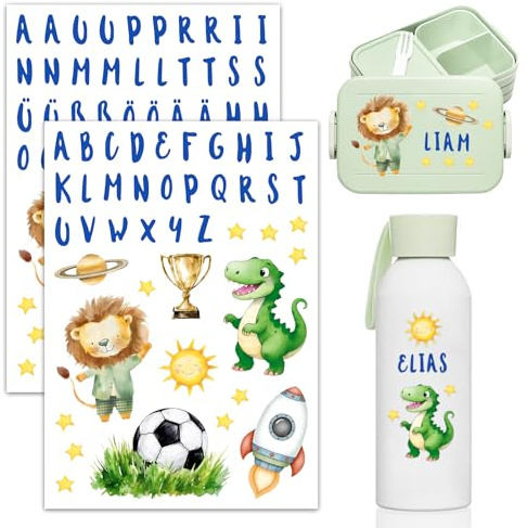 2x Aufkleber für Trinkflaschen Brotdose Wasserfest Rub On Sticker Fußball Dinosaurier Schulkind Einschulung Geschenk Personalisiert Trinkflasche Kinder Namen Fahrrad Aufkleber Buchstaben Rub Ons Folie