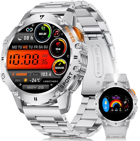 BENYAR SMART Smartwatch Herren mit Taschenlampe für Android iOS 1.43'' Amoled HD Outdoor Sportuhr Smartwatch mit 110 Sportmodi,Pulsmesser/Schlafmonitor,IP68 Wasserdicht Schrittzähler,2 Bänders,Silber