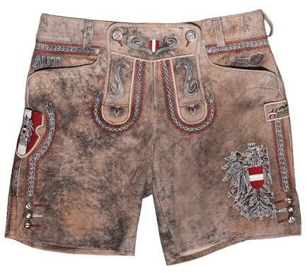Hoamatkult Damen Lederhose – Österreich Adler, Vintage Braun, aus Echtleder mit Patina, handgefertigt & personalisierbar, mit Gürtel & Stickerei – trachtig, bequem & individuell