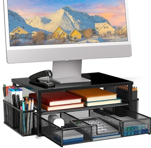 Monitor Stand Riser, Office Desk Shelf, 2-Tier Metal Computer Stands | Organiser Home Desktop Organizer with Drawer and 2 Pen Holder - for Laptop Monitors PC Printer Notebook Accessories Black
