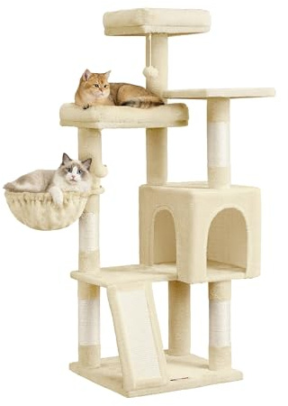 Feandrea Arbre à Chat, Tour pour Chat, 3 Plateformes, 136 cm de Haut | Avec Poteaux à Griffer et Rampe, 1 Niche, 1 Panier, 2 Pompons, Beige sable, Collection CLAWFY PCT012LF01