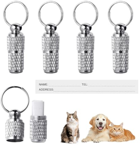 SYEYCW 5 Pièces Argent Tube d'Étiquette d'Identification, Anti-Perdue Pendentifs d'Adresse pour Collier, Personnalisées Tube d'Étiquette Porte Adresse, pour Chien, Chat, Animaux de Compagnie