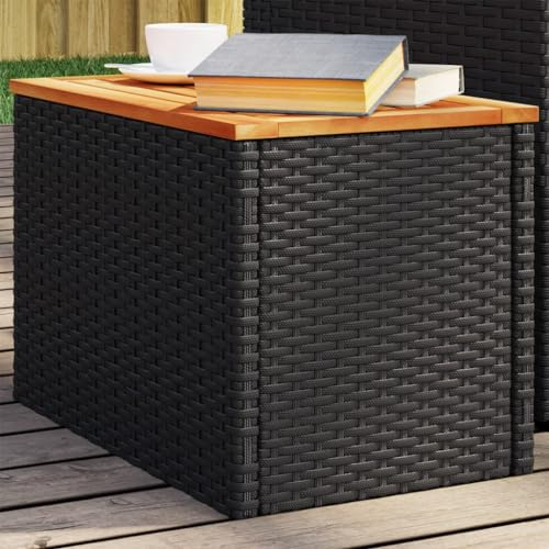 Hoopleep Garten-Beistelltische 2er Set, Schwarz, 55x34x37cm, aus Poly Rattan & Akazienholz, klein, robust, Outdoor Klapptisch für Terrasse, Balkon, Garten