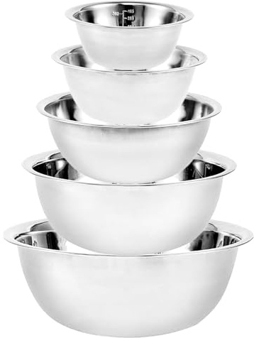 5 Piezas Cuencos de Acero Inoxidable Bol Acero Inoxidable Cocina Ensaladera | 5 tamaños Cuenco de Metal Apilable, 0,6 L, 0,9 L, 1,6 L, 2 L/2,6 L para Hornear, Servir y Picar