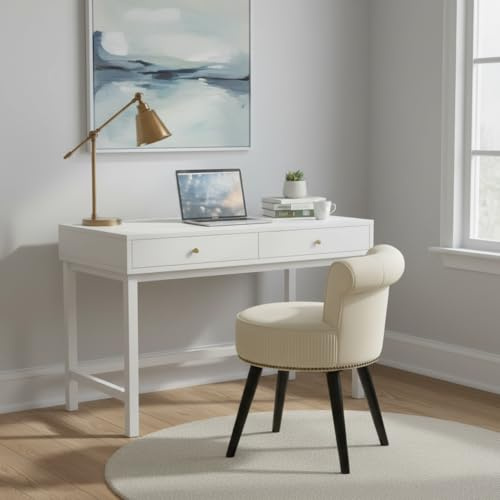AllE quip Make-up Stuhl mit Rückenlehne, Hockerbeine aus Holz, Samtstoff, geeignet für Büro, Wohnzimmer, Schlafzimmer, Kinderzimmer, weiß (Samtstoff weiß)