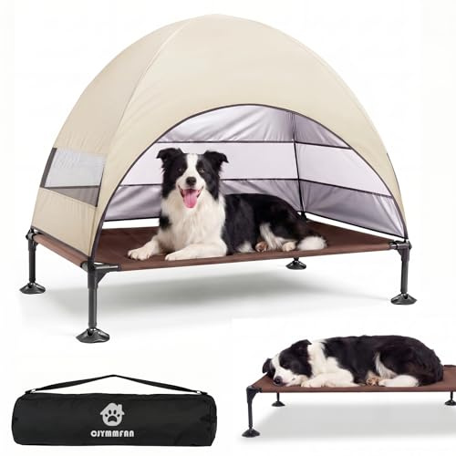 Erhöhtes Hundebett Outdoor mit UV-beständiges Dach, Hundeliege Klappbar mit Anti-Rutsch-Füßen, Hundezelt Outdoor mit Großem Schatten, Kühlendes ErhöHtes Hunde Bett für Camping, Garten (Beige, L)