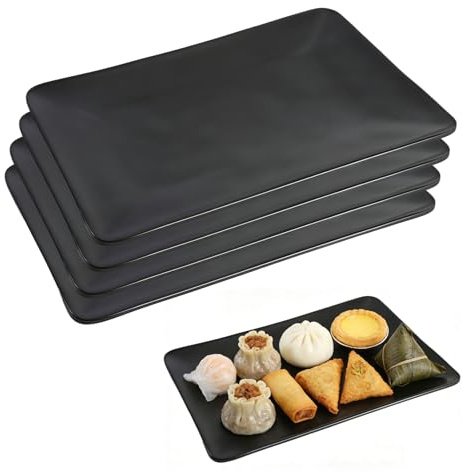 SERYUUT 4 piatti in melamina, in plastica, infrangibili, da campeggio, extra spessi, robusti, piatti, rettangolari, neri, senza BPA, lavabili in lavastoviglie, resistenti al calore da 30 °C a 120 °C