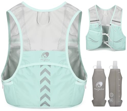 Outplea Gilet Hydratation avec 2pcs 500ml Bouteilles d’Eau Douce, Ultra Léger Gilet Trail Running Femme Homme, Réglable Sac Hydratation Running pour Randonnée Course à Pied Sport, Vert, L