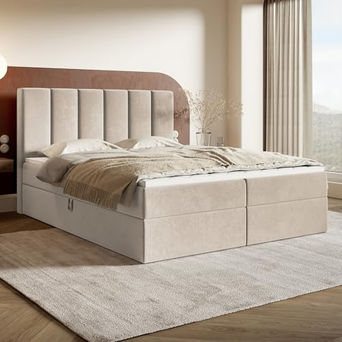 MOTIVENA Santiago Boxspringbett 180x200 Beige Samt, mit Bonellfederkern-Matratze (H4), mit T28 Komfortschaumstoff Topper (H3), Boxspringbett 180x200 mit Bettkasten Beige (Creme)
