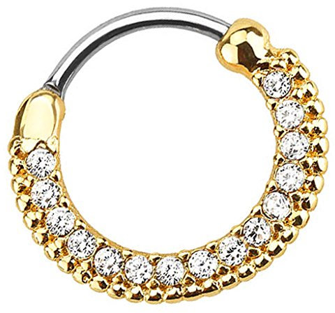 Piersando Piercing Scharnier Clicker Ring Schild Tribal mit Kristall Strass Steinen Vintage Septum für Tragus Helix Ohr Nase Lippe Brust Intim Gold Clear 1,2mm