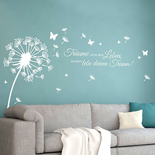 Grandora Wandtattoo Pusteblume Zitat Träume Nicht Dein Leben I hellgrau (BxH) 125 x 86 cm I Löwenzahn Wohnzimmer Wandsticker Wandaufkleber Aufkleber W5479
